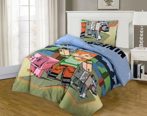 Minecraft Themed Kids Single Duvet Cover 3pcs Complete Set
